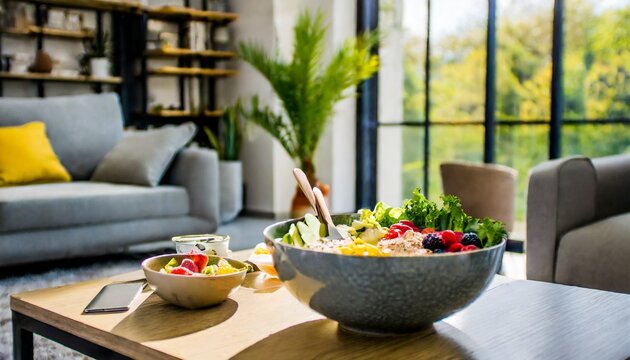 Healthy food bowl in a modern livingroom