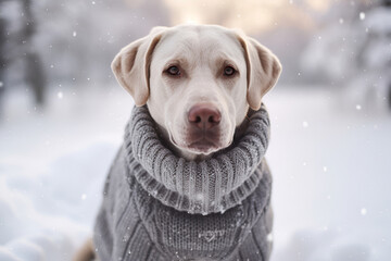 A beautiful Labrador sitting outside in the snow in a jumper. Generative AI