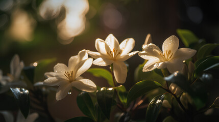 Macro shot of bloomed Jasmine flowers, banner with copy space area - Generative AI