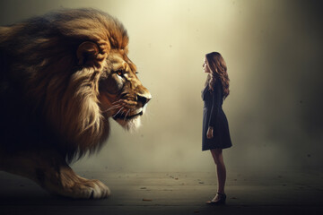 Portrait of a beautiful young woman with a big lion posing in the background.