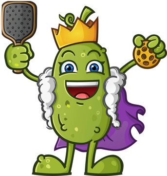 King pickle, the exalted benevolent ruler of the pickleball kingdom holding the royal paddle and ball for his subjects and wearing a golden crown and a royal purple suede cape vector clip art