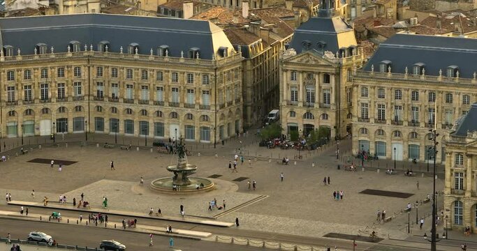 Aerial view of Place de la Bourse at sunset in Bordeaux, France