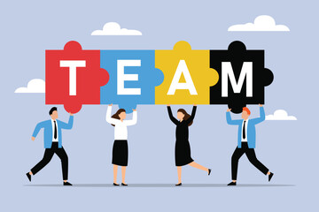 Business team - people connecting puzzle elements - teamwork 2D flat vector concept for banner, website, illustration, landing page, flyer, etc - obrazy, fototapety, plakaty