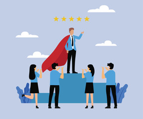 Businessman with cape standing on the podium surrounded by business people clapping 2D flat vector concept for banner, website, illustration, landing page, flyer, etc