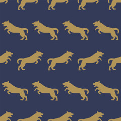 Running and jumping labrador retriever isolated on a dark blue background. Seamless pattern. Endless texture. Design for wallpaper, fabric, print. Vector illustration.