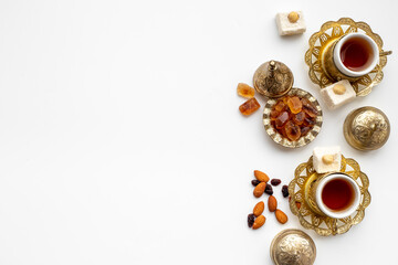 Traditional oriental tea with Turkish delight, top view