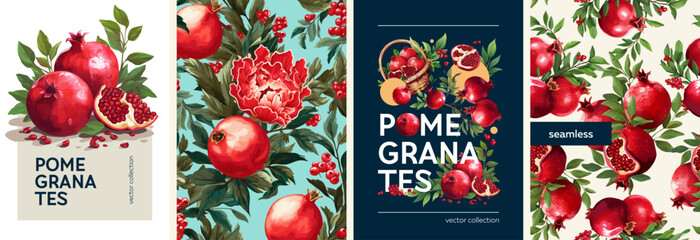 Hand drawn set of designs and patterns. Vectorized gouache illustrations. Illustrations of pomegranates with flowers and leaves for poster, prints, menu, card or textile.