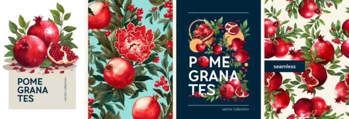 Plexiglas foto achterwand Hand drawn set of designs and patterns. Vectorized gouache illustrations. Illustrations of pomegranates with flowers and leaves for poster, prints, menu, card or textile. © Nadin_Koryukova