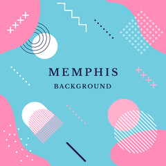 Pattern from geometric shapes in Memphis 80s-90s style with headline. Abstract memphis background. Different figures isolated on a blue background. Vector illustration.