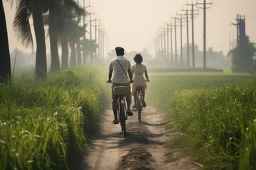 Indian couple going on bicycles - obrazy, fototapety, plakaty