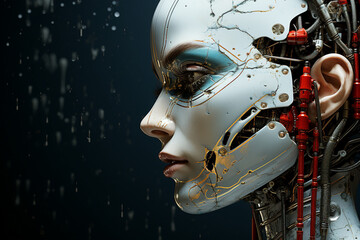 Portrait of beautiful young futuristic woman with abstract brain and digital elements