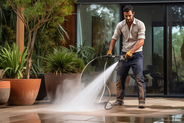 person cleaning with high pressure water spray - obrazy, fototapety, plakaty