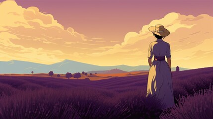 Fototapeta premium Woman at Lavender Field Wallpaper