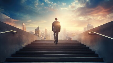 Ambitious businessman climbing the stairs to success. concept of career path success, future planning and business competitions. --ar 16:9 - obrazy, fototapety, plakaty
