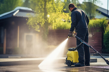 person cleaning with high pressure water spray - obrazy, fototapety, plakaty
