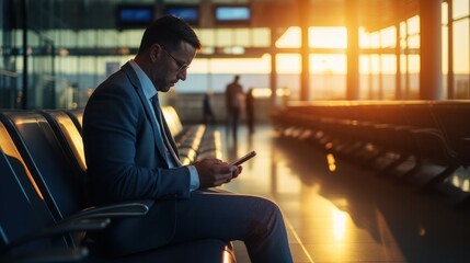 Business man using mobile phone to book plane ticket through online application, sitting on travel checking travel time on board at airport, travel, payment, due, booking, online, check in - obrazy, fototapety, plakaty