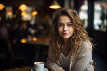 Young beautiful girl sitting table in trendy cafeteria cafe drinking hot fresh coffee Generative AI technology
