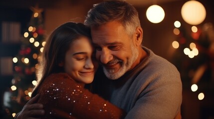 Obraz na płótnie Canvas father day, cute teen girl hugging mature middle age dad. Love, kiss, care, happy smile enjoy family time. celebrate special occasion, happy birthday, merry Christmas. special day