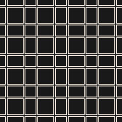 Simple square grid seamless pattern. Abstract minimal black and white geometric texture. Vector minimalist monochrome background with linear lattice, grid, net, mesh, grill. Repeated dark geo design