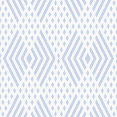 Seamless vector pattern with abstract geometric design. Blue and white rhombus background, grid, lattice, chevron lines. Simple texture ornament, repeat design for print, fabric, ceramic tiles