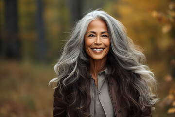 Fototapeta premium Generative AI technology picture of gorgeous grey haired woman walking autumn park
