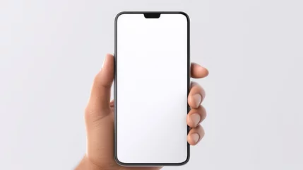 Deurstickers Mobile phone mockup with blank white screen in human hand, 3d render illustration put on a sweater, hold a smartphone Mobile digital device in arm isolated on white © pinkrabbit