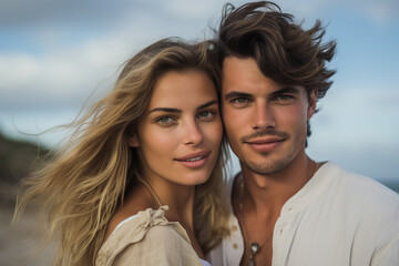 Obraz premium Young couple portrait two lovers spending time sunny country travelers Generative AI