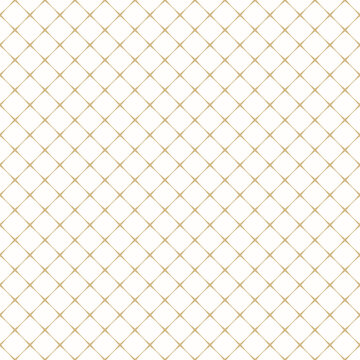 Square grid seamless pattern. Simple gold and white geometric texture with diagonal crossing lines, small square lattice, net, mesh, grill. Stylish abstract minimal golden background. Repeat design