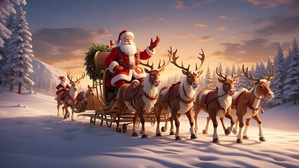 santa claus with gifts drive reindeers to town