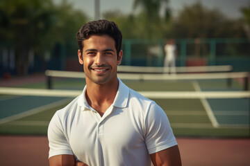 Handsome indian man is sitting on tennis court