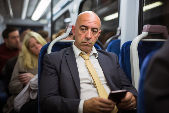 Senior executive intently using smartphone during transit, illustrating modern communication in daily urban commute.