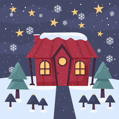 Winter. House. Evening winter landscape. Christmas. Snowfall. Vector illustration in modern flat style.