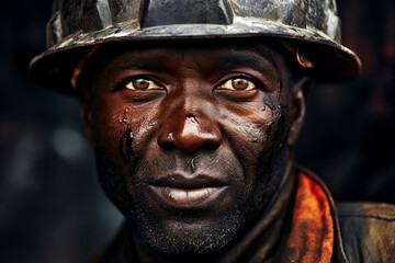Generative ai technology portrait of mine worker wearing helmet extracting coal resources dirty face
