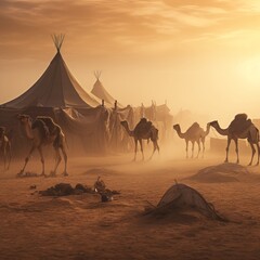 Fototapeta na wymiar Camels of the Desert: Witnessing the Resilience and Grace of Earth's Ship of the Desert