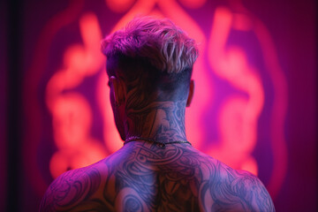 AI generated photo of muscular tattooed man in tattoo studio with neon illumination
