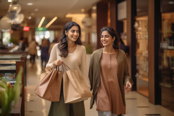 Indian young female friends holding shopping bags