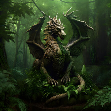 Dragon in the Forest: Artistic representations of a wooden green dragon sculpture placed within a lush forest setting, blending nature and fantasy