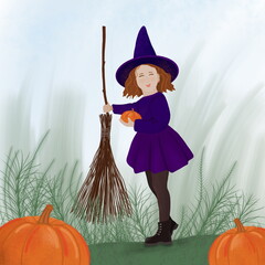 Halloween witch with pumpkin. The little witch with the broom. Girl with pumpkin vector illustration