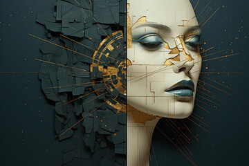 Trendy abstract illustration of woman in vintage minimalistic geometry elements Generative AI picture