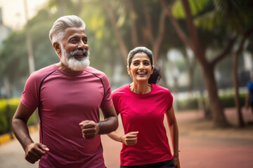 Indian happy elderly couple exercising