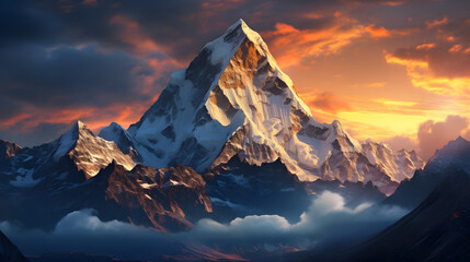 Capture the grandeur of majestic mountain peaks rising high above the earth, their rugged details and snow-capped summits making for an epic and highly detailed landscape photograph.