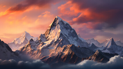 Capture the grandeur of majestic mountain peaks rising high above the earth, their rugged details and snow-capped summits making for an epic and highly detailed landscape photograph.