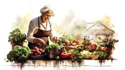A 100-year-old woman tends to her garden, carefully selecting ripe fruits and vegetables. She takes joy in her lifelong love for gardening.