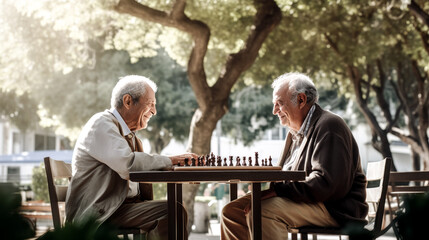 Two older men intently play a game of chess, their concentration evident. - obrazy, fototapety, plakaty