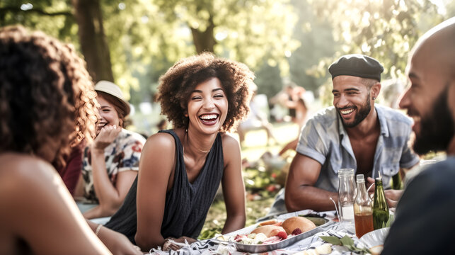At a park, a group of friends enjoy a picnic together, surrounded by nature and sharing good food and conversation.