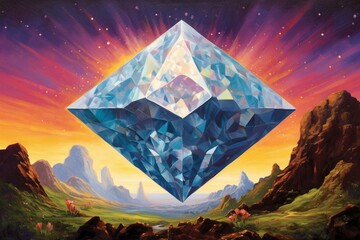 Vibrant artwork portraying a brilliant diamond shaped like an asteroid amidst an illustrative background. Generative AI - obrazy, fototapety, plakaty