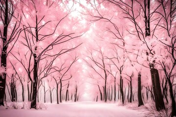 pink background tall trees with white leaves in snowi weather