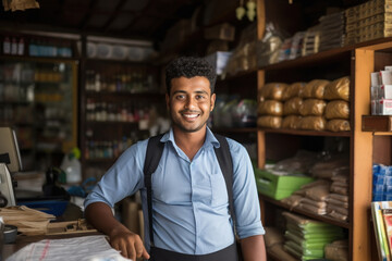 Indian young man standing at the shop - obrazy, fototapety, plakaty