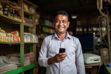 indian shopkeeper holding smartphone - obrazy, fototapety, plakaty