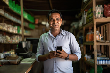 indian shopkeeper holding smartphone - obrazy, fototapety, plakaty